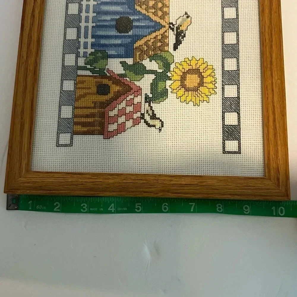 Framed counted, cross, stitch, handmade birdhouse with birds and sunflowers‎